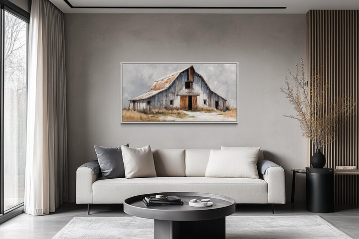 Old Grey Barn Close Up Rustic Farmhouse Canvas Wall Art hanging above a modern sofa in a living room