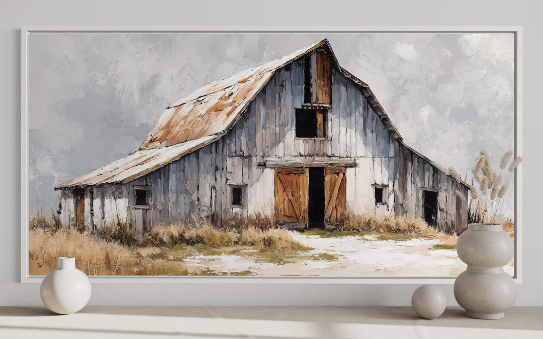 Old grey barn close up rustic farmhouse canvas wall art with weathered wood and rusted metal roof.