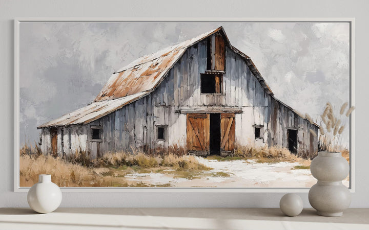 Old grey barn close up rustic farmhouse canvas wall art with weathered wood and rusted metal roof.