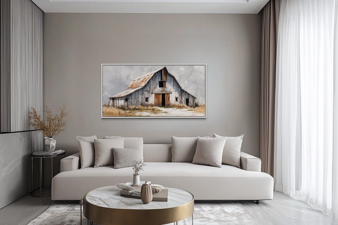 Old Grey Barn Close Up Rustic Farmhouse Canvas Wall Art hanging in a modern neutral living room.