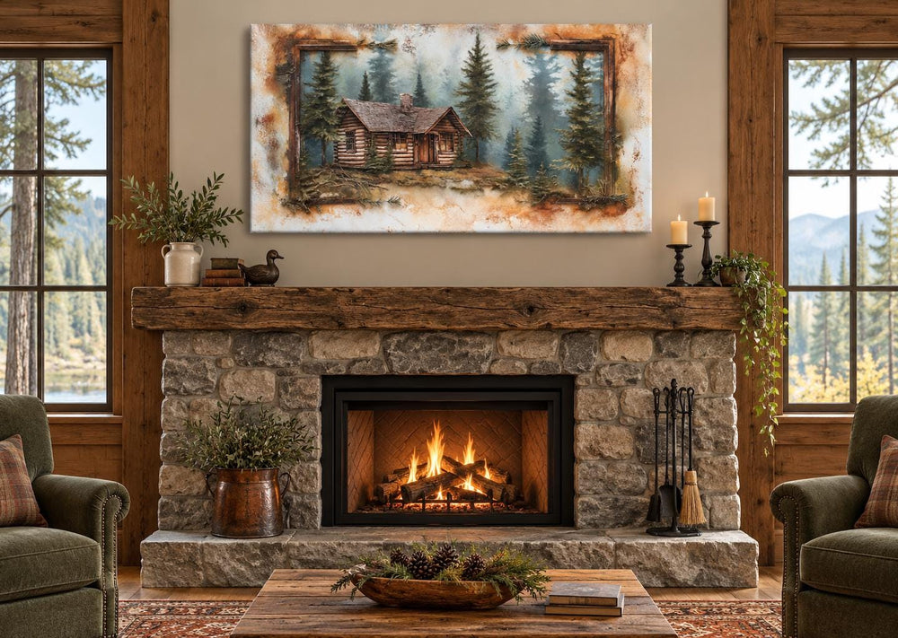 Old log cabin in the woods canvas wall art hanging above a stone fireplace in a rustic living room.