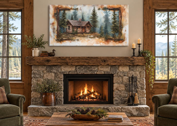Old log cabin in the woods canvas wall art hanging above a stone fireplace in a rustic living room.