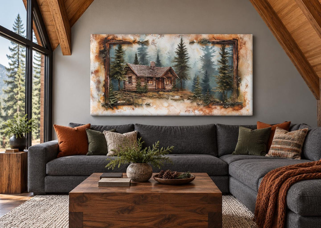 Old log cabin in the woods canvas wall art displayed above a gray sectional in a rustic living room.