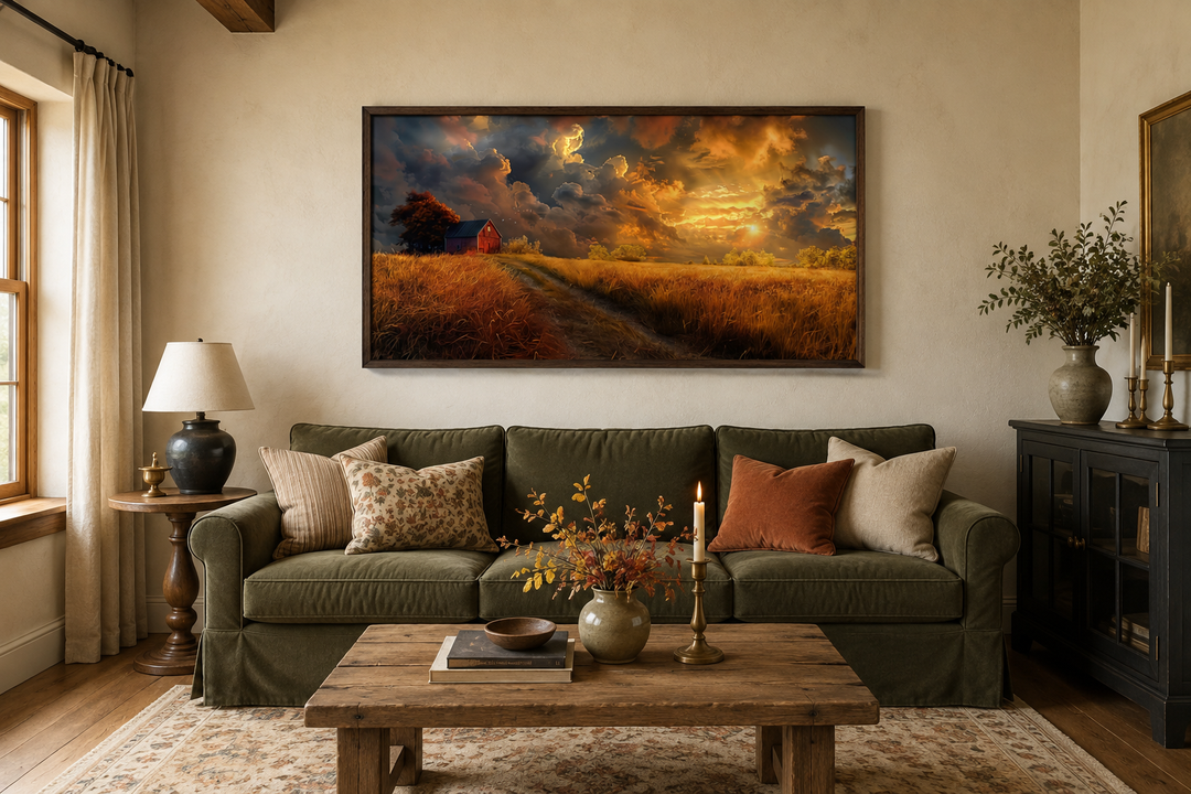 Old red barn in autumn sunset framed farmhouse canvas wall art hanging above a green sofa.