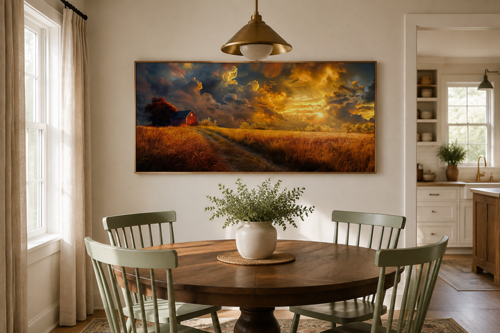 Old red barn in autumn sunset framed farmhouse canvas wall art hanging above a dining table.