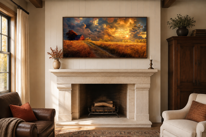 Old red barn in autumn sunset framed farmhouse canvas wall art hanging above a stone fireplace.