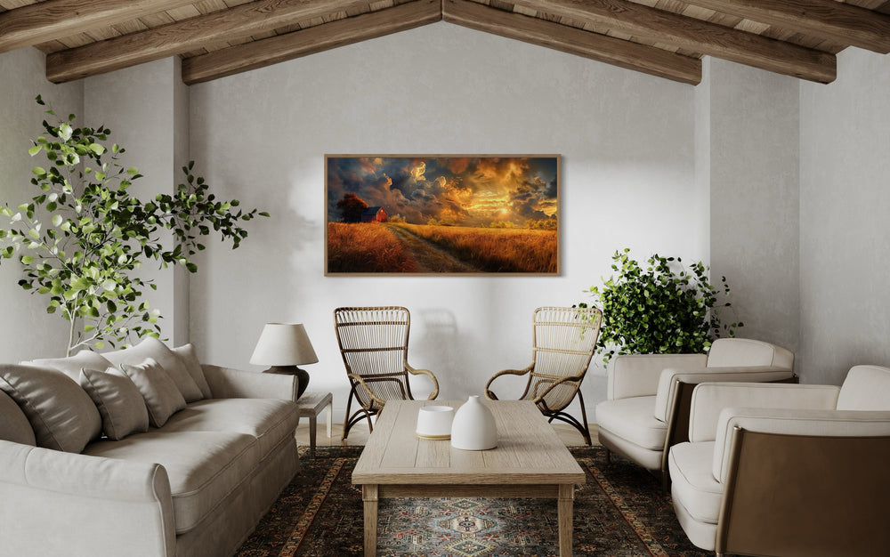 Old Red Barn In Autumn Sunset Framed Farmhouse Canvas Wall Art in rustic room