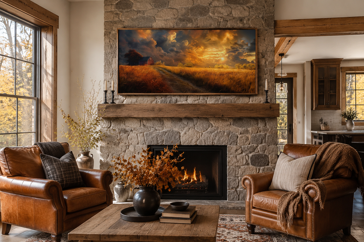 Old red barn in autumn sunset framed farmhouse canvas wall art mounted above a stone fireplace.