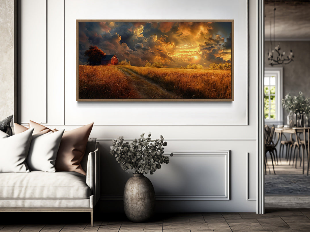 Old Red Barn In Autumn Sunset Framed Farmhouse Canvas Wall Art