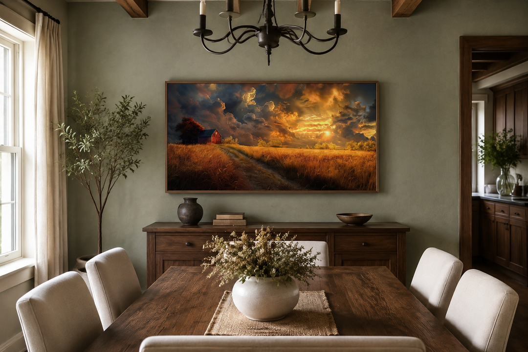 Old red barn in autumn sunset framed farmhouse canvas wall art hanging in a rustic dining room.