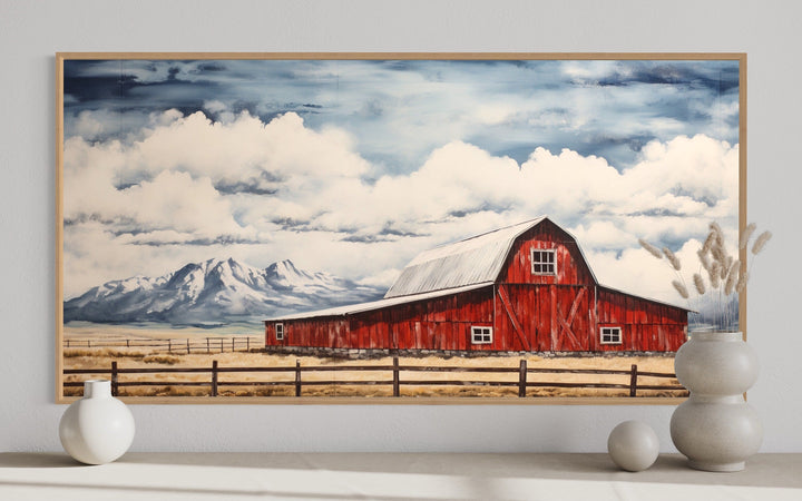 Old Red Barn In Mountains Framed Canvas Wall Art