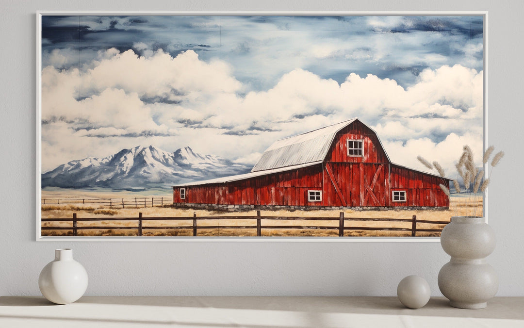 Old Red Barn In Mountains Framed Canvas Wall Art