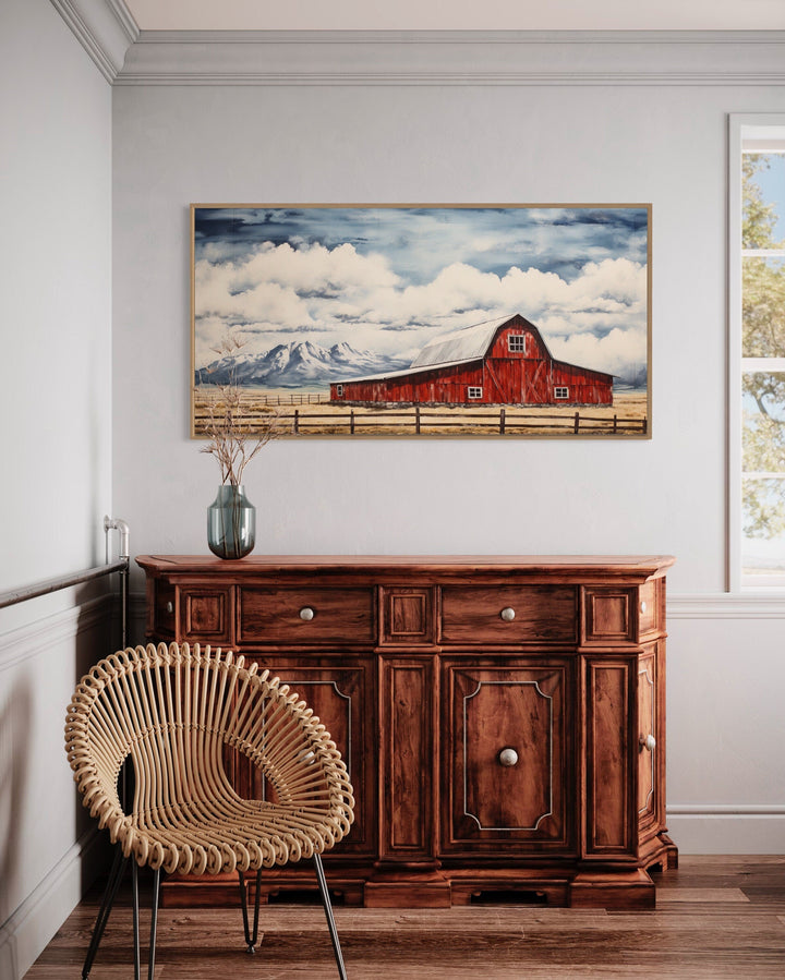 Old Red Barn In Mountains Framed Canvas Wall Art