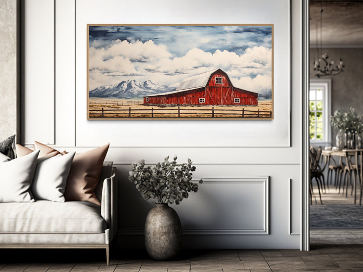 Old Red Barn In Mountains Framed Canvas Wall Art