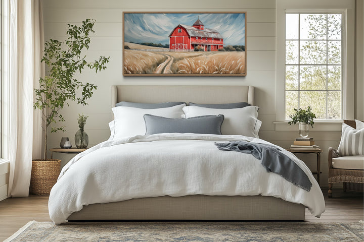 Old Red Barn In The Field Rustic Farmhouse Framed Canvas Wall Art