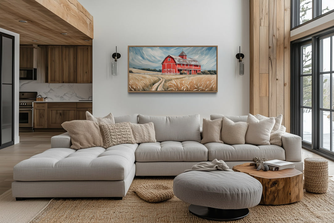 Old Red Barn In The Field Rustic Farmhouse Framed Canvas Wall Art