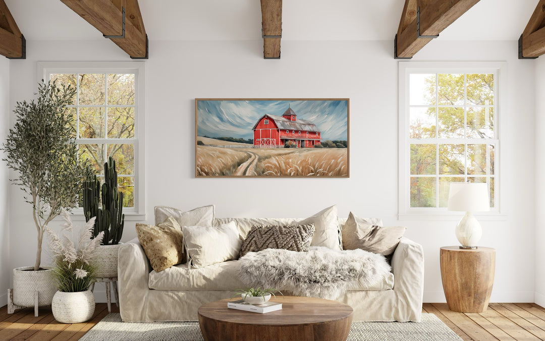 Old Red Barn In The Field Rustic Farmhouse Framed Canvas Wall Art