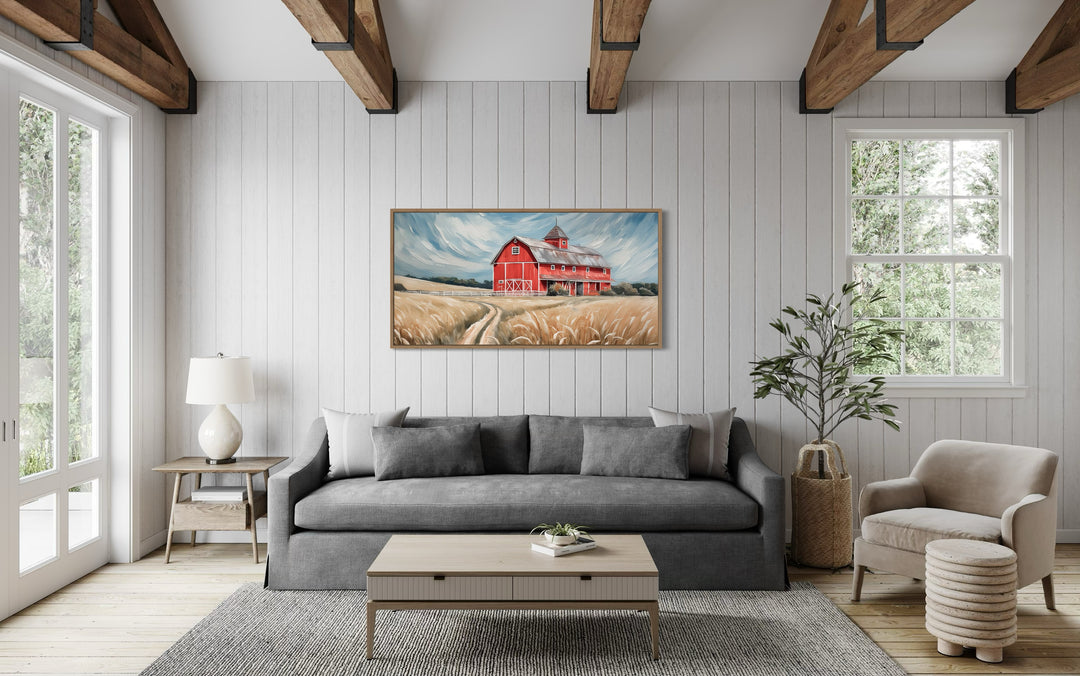 Old Red Barn In The Field Rustic Farmhouse Framed Canvas Wall Art