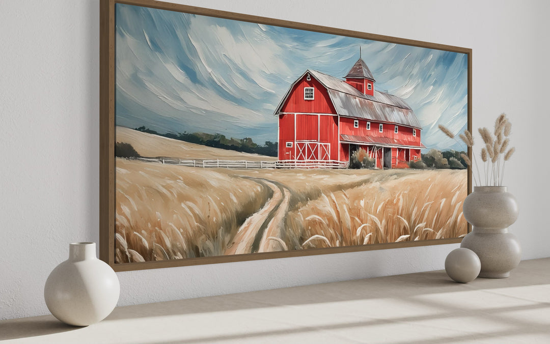 Old Red Barn In The Field Rustic Farmhouse Framed Canvas Wall Art