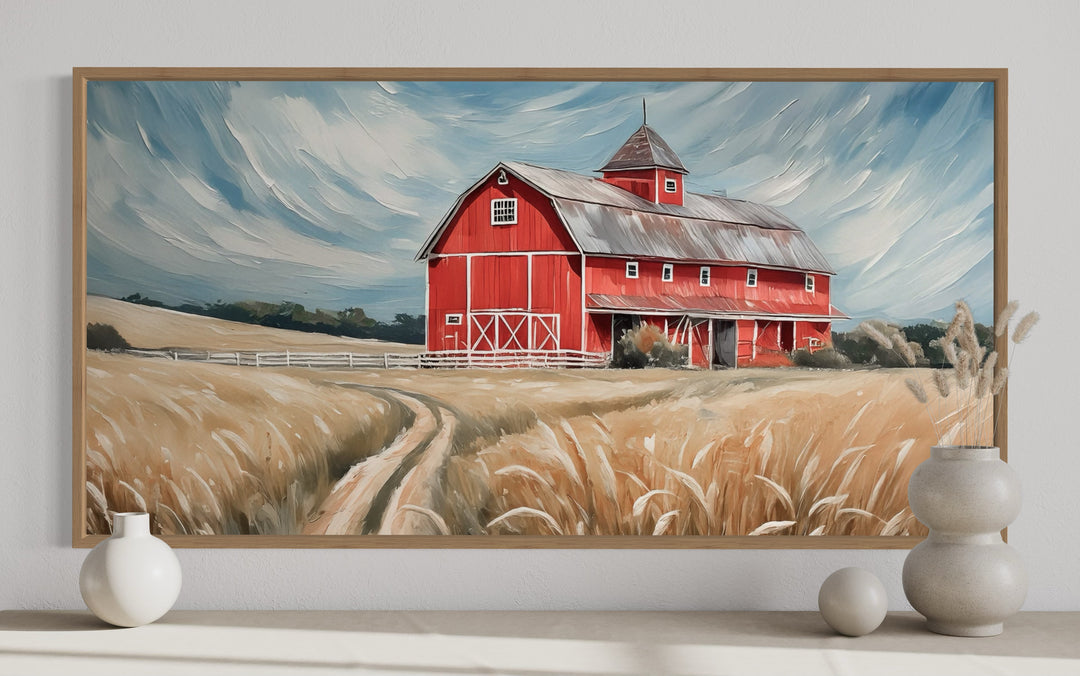 Old Red Barn In The Field Rustic Farmhouse Framed Canvas Wall Art