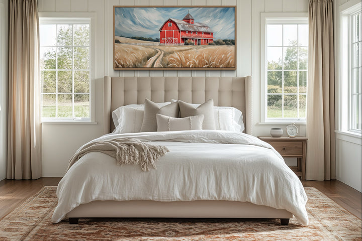 Old Red Barn In The Field Rustic Farmhouse Framed Canvas Wall Art