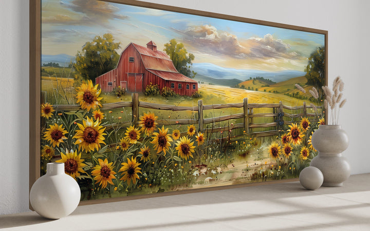 Old Red Barn On The Farm With Sunflowers Field Rustic Wall Art