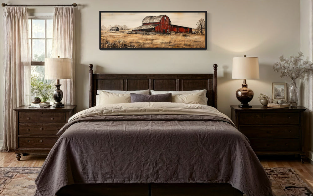 Horizontal framed canvas wall art of an old red barn in a rustic landscape.