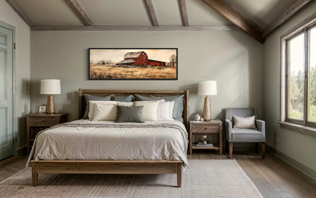 Horizontal framed canvas art of a red barn in a field.