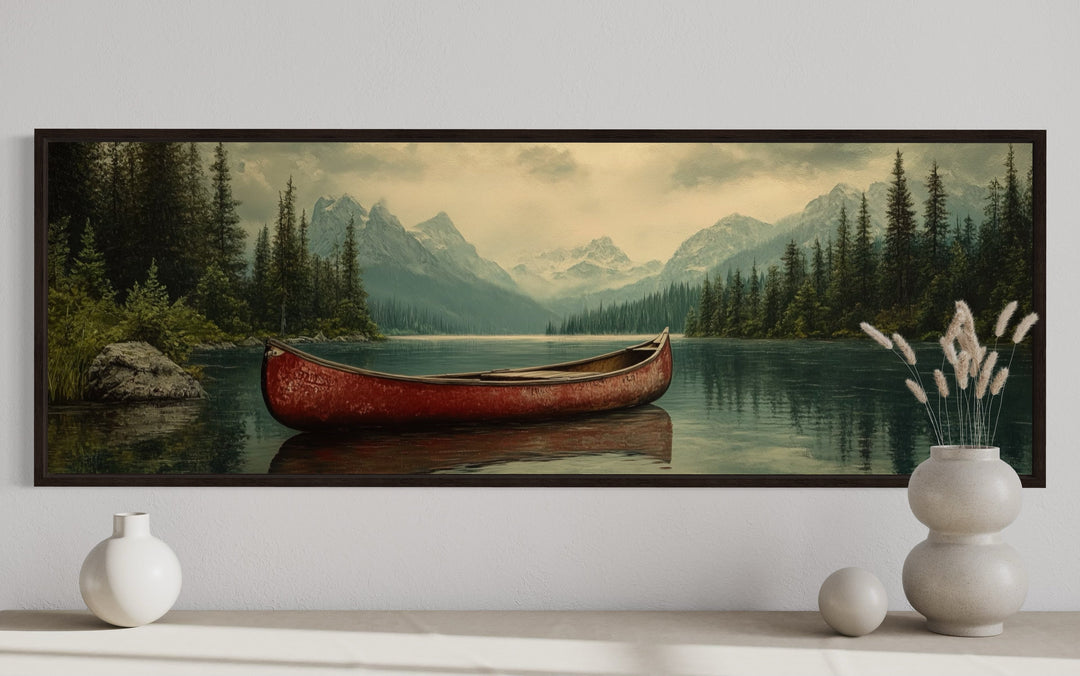 Old Red Canoe In The Lake Rustic Framed Canvas Wall Art