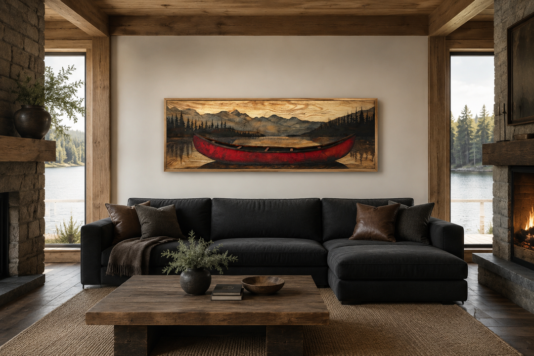 Old red canoe painted on wood long horizontal framed canvas wall art above a dark sofa in a cabin.