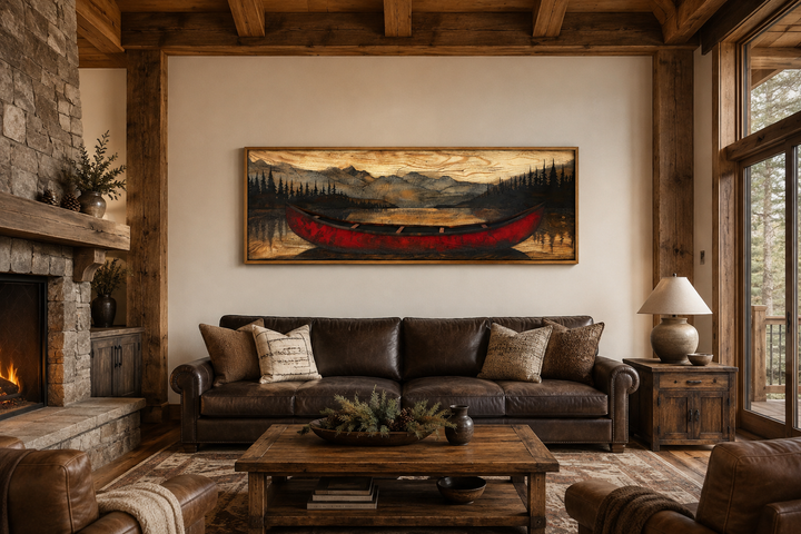 Old red canoe painted on wood long horizontal framed canvas wall art above a brown leather sofa.