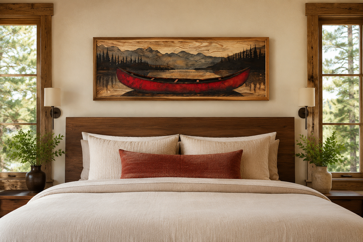 Old red canoe painted on wood long horizontal framed canvas wall art hanging above a bed.