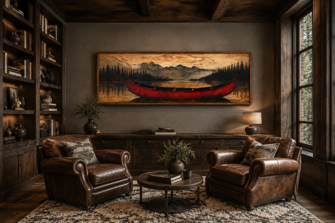 Long horizontal framed canvas wall art of a red canoe painted on a rustic wood-textured background.