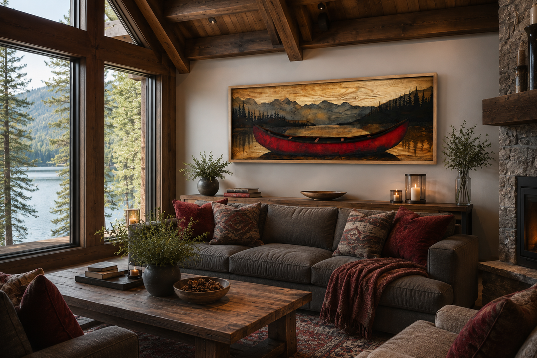 Old red canoe painted on wood long horizontal framed canvas wall art in a rustic living room.