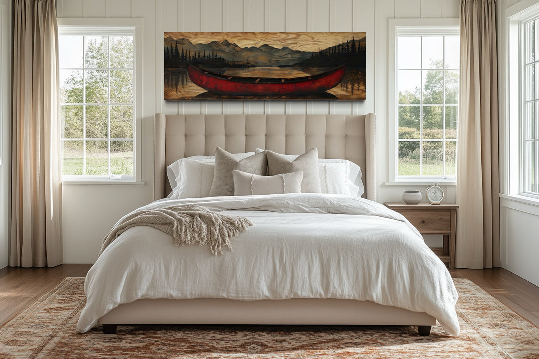Old Red Canoe Painted On Wood Long Horizontal Framed Canvas Wall Art