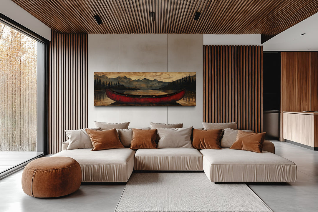 Old Red Canoe Painted On Wood Long Horizontal Framed Canvas Wall Art