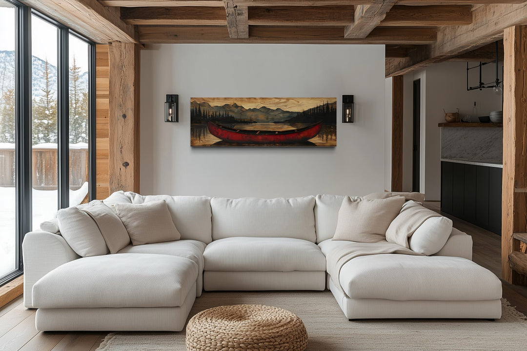 Old Red Canoe Painted On Wood Long Horizontal Framed Canvas Wall Art