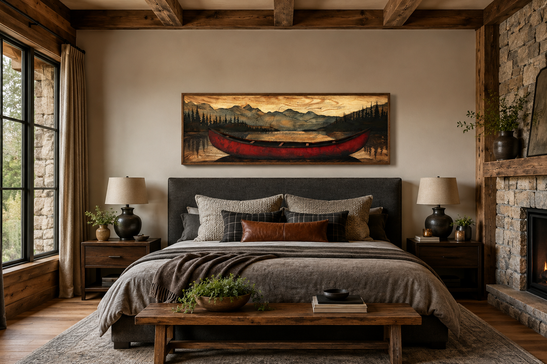 Long horizontal framed canvas wall art of a red canoe painted on wood above a bed in a rustic room.
