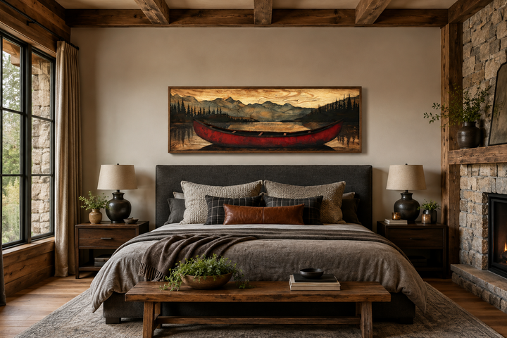 Long horizontal framed canvas wall art of a red canoe painted on wood above a bed in a rustic room.
