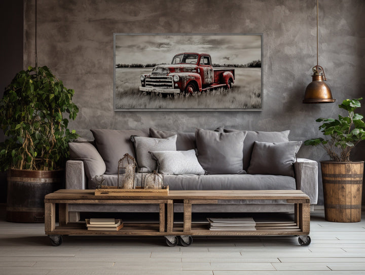 Old Red Truck On The Farm Rustic Chic Framed Canvas Wall Art