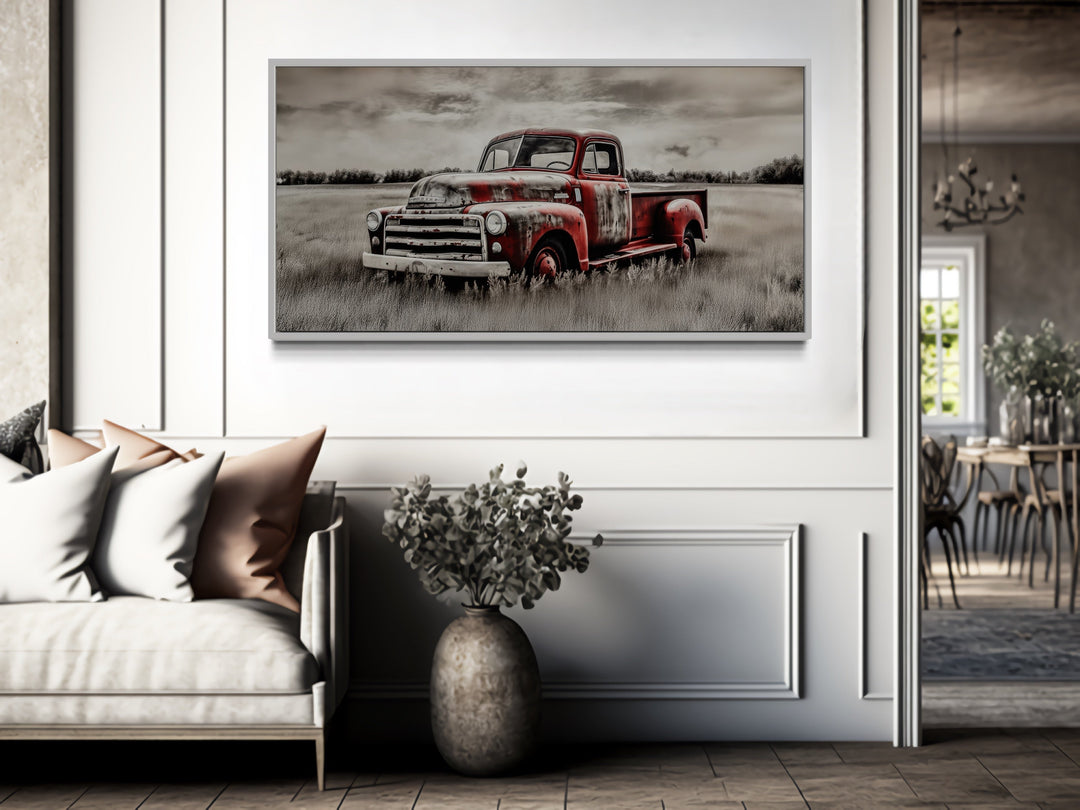 Old Red Truck On The Farm Rustic Chic Framed Canvas Wall Art