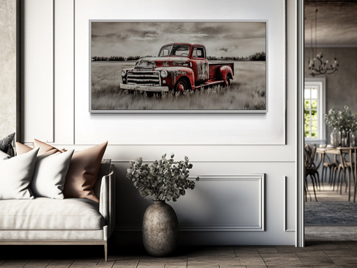 Old Red Truck On The Farm Rustic Chic Framed Canvas Wall Art