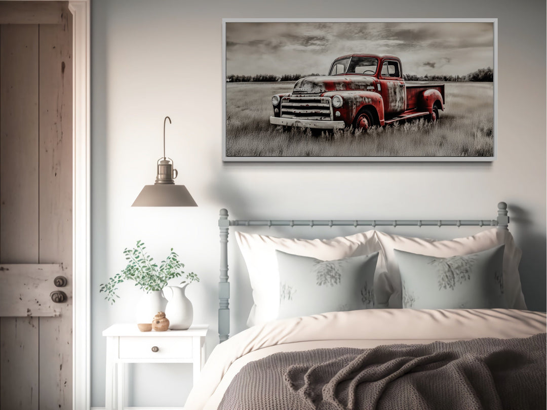 Old Red Truck On The Farm Rustic Chic Framed Canvas Wall Art