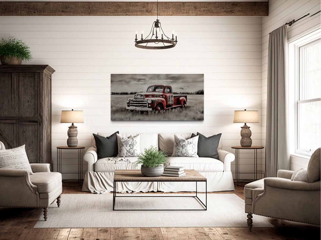 Old Red Truck On The Farm Rustic Chic Framed Canvas Wall Art