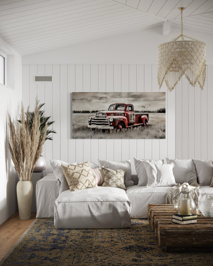 Old Red Truck On The Farm Rustic Chic Framed Canvas Wall Art