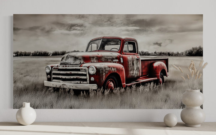 Old Red Truck On The Farm Rustic Chic Framed Canvas Wall Art