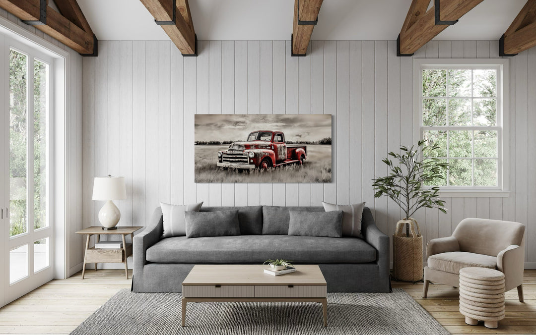 Old Red Truck On The Farm Rustic Chic Framed Canvas Wall Art