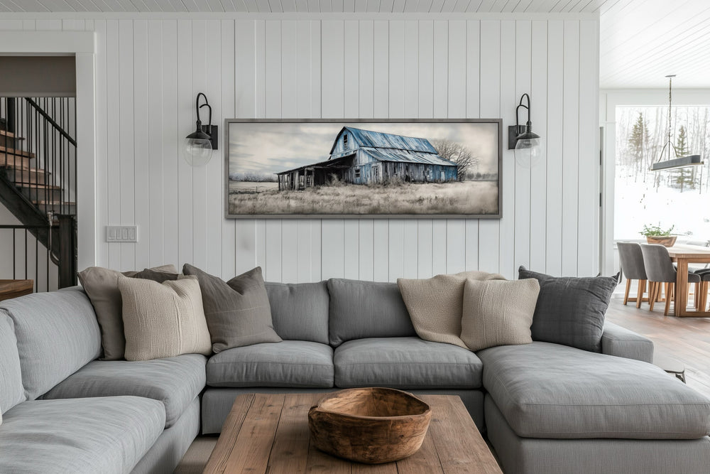 Old Rustic Blue Barn Painting On Wood Long Horizontal Framed Canvas Wall Art