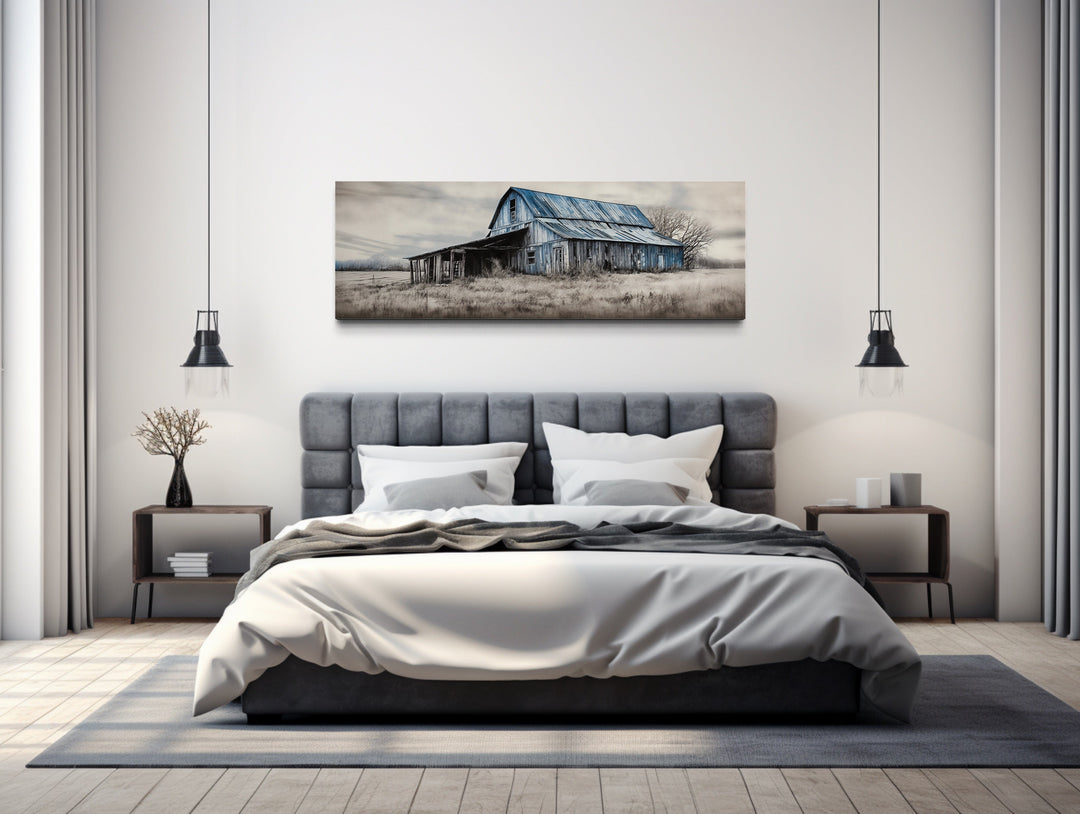 Old Rustic Blue Barn Painting On Wood Long Horizontal Framed Canvas Wall Art