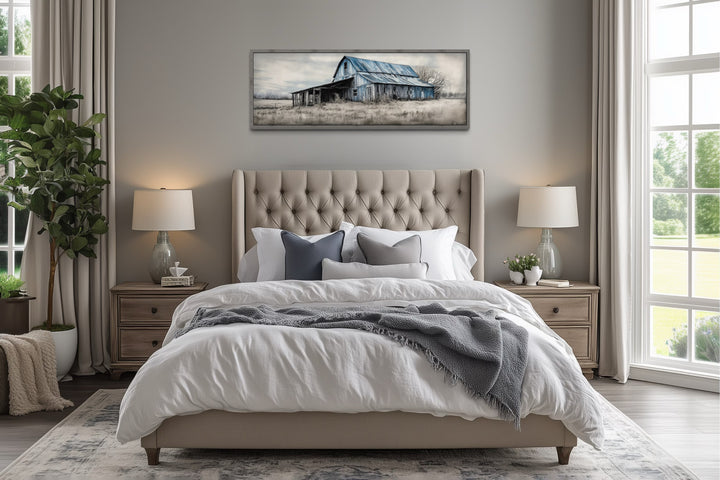 Farmhouse Wall Decor - Old Rustic Blue Barn Painting On Wood Long Horizontal Framed Canvas Wall Art